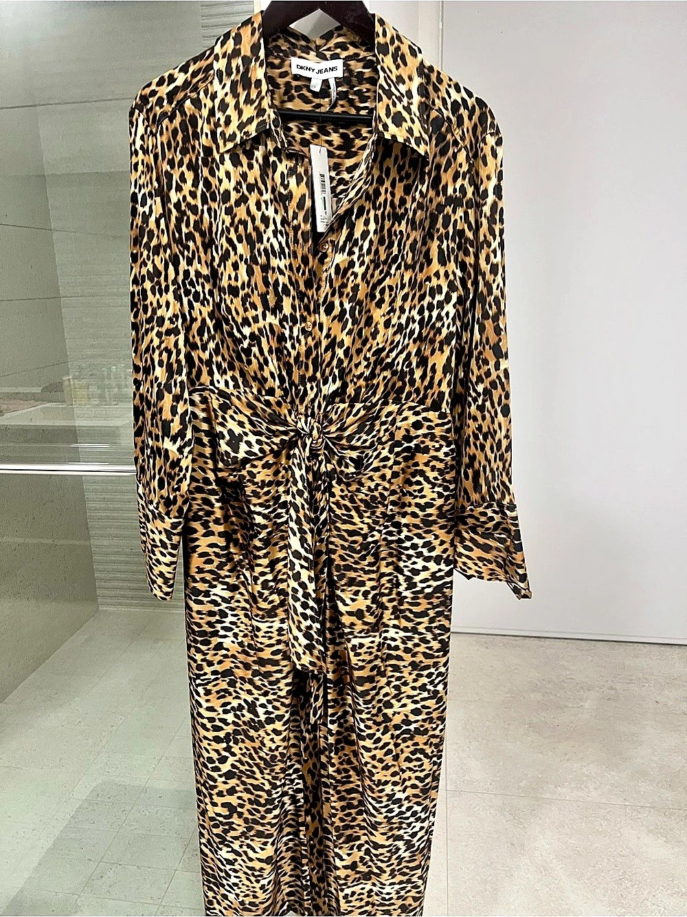 DKNY Jeans Cheetah Print Satin Dress Midi Animal Print Dress Large NWT